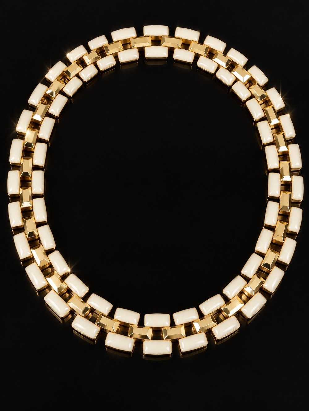 Vintage 80s White Enamel Gold Tone Double Row Geometric Necklace